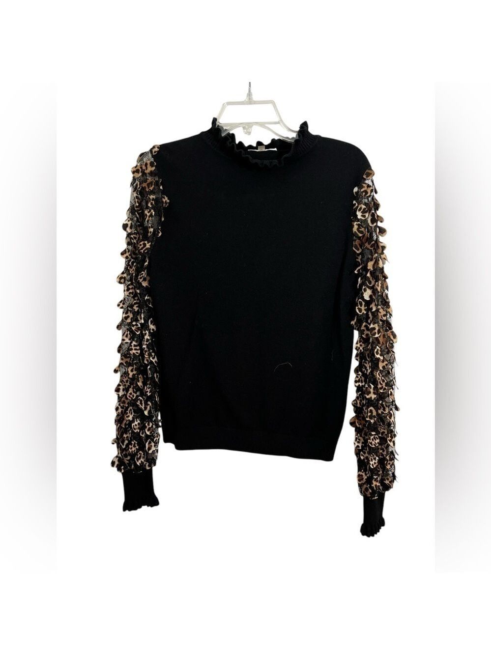 Sioni Leopard Lace Mesh Long Sleeve Ruffle Mock Neck Sweater Top Size Medium - Picture 2 of 8